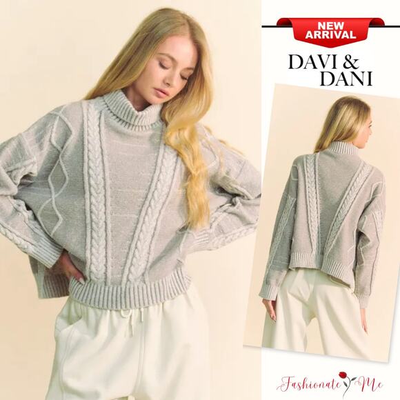 Davi & Dani Cable Knit Turtleneck Dropped Shoulder Relaxed Fit Sweater | Grey - Picture 1 of 6